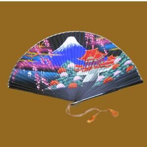 Japanese Folding Hand Fan Mount Fuji Cherry Blossoms Pagoda Hand Painted